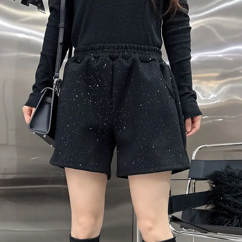 

Осень-зима, свободные широкие шерстяные брюки с высокой талией, большие размеры, модные черные повседневные брюки, верхняя одежда, женские шорты, новый стиль