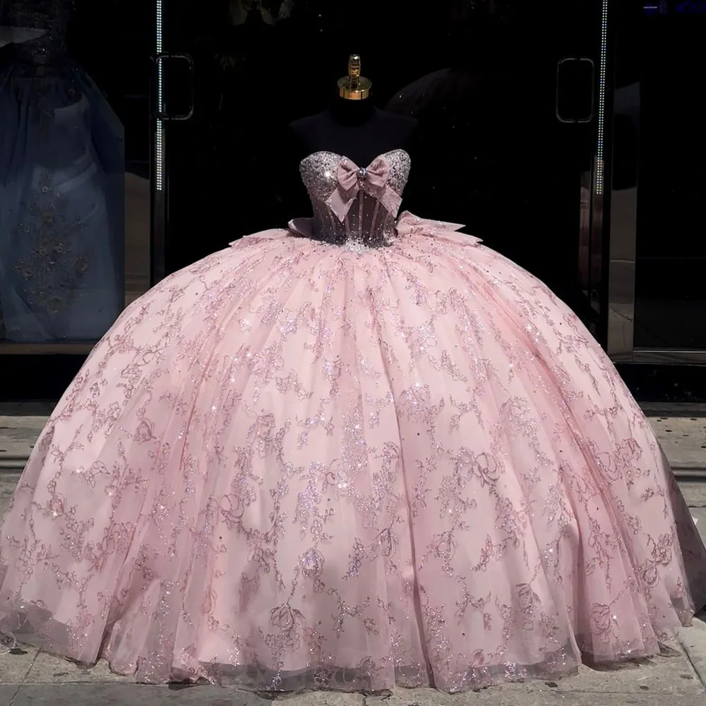 Luxo rosa mexicano quinceanera vestidos querida applique rendas contas tull vestido 15 de espartilho baile rendas até doce 16