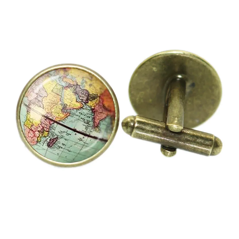 Gemelos de moda con forma de globo terráqueo para hombre, botón de puño de color plata/bronce antiguo para camisa de caballero, regalos de boda