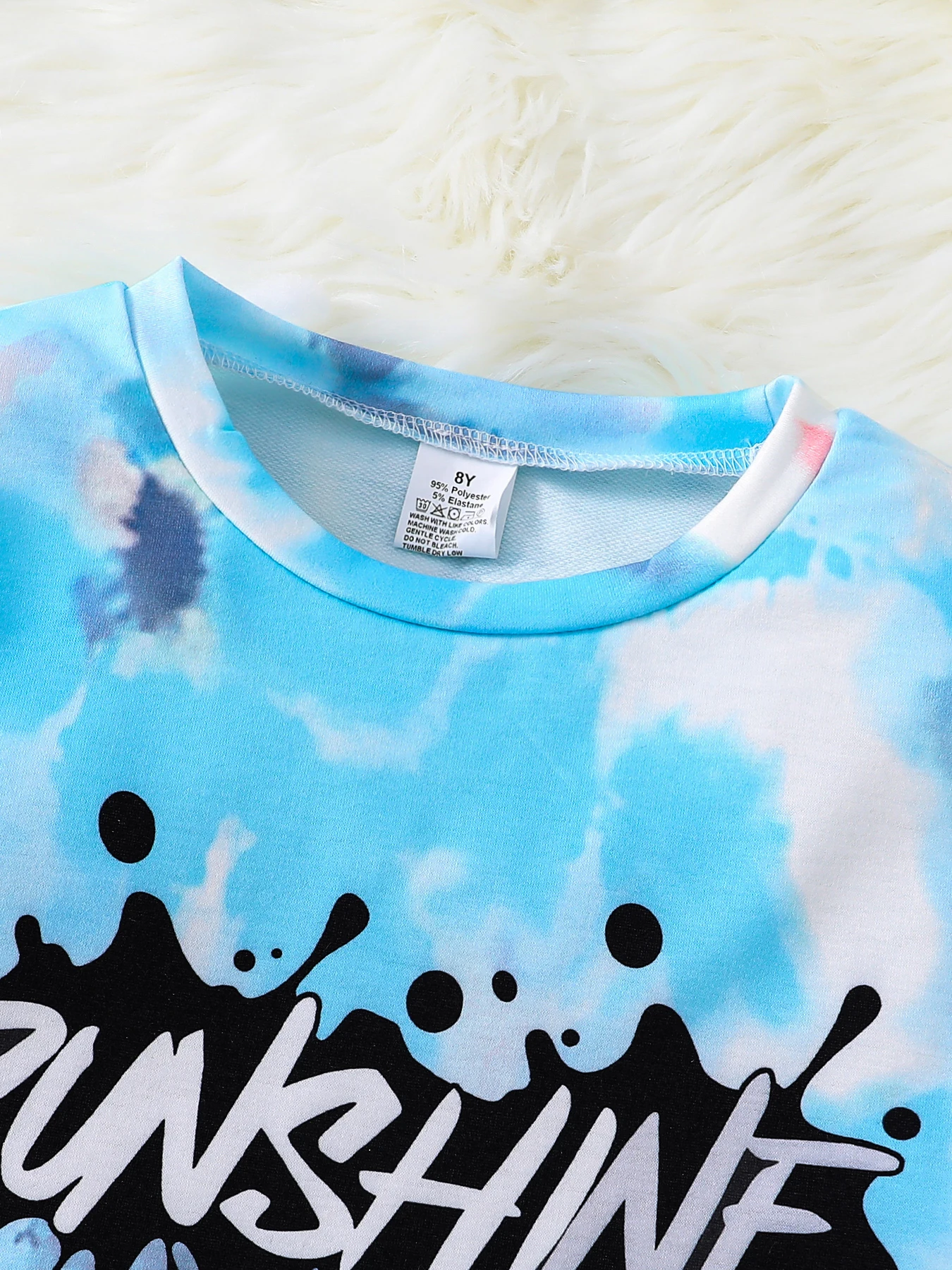 2-piece girls Spring and Autumn fashion tie-dye letter round neck long sleeve + black slim pants suit