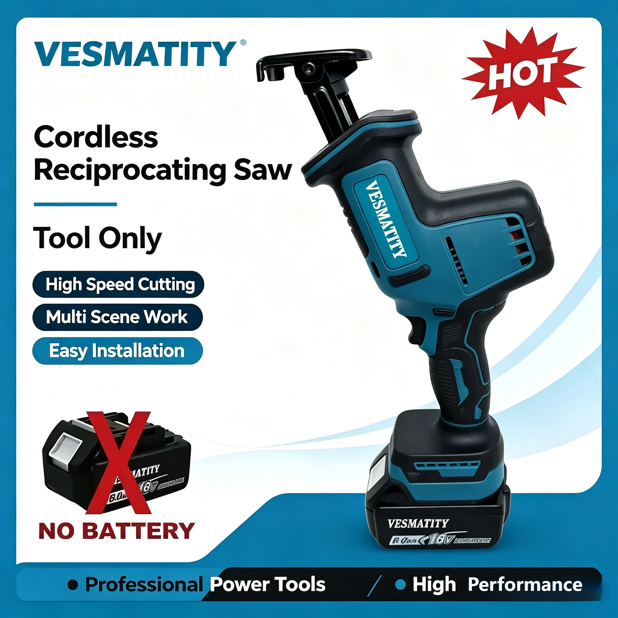 Reciprocating Saw Cordless Brushless Speed Adjustable Metal Wood Electric Saw for 18V Battery Power Tool