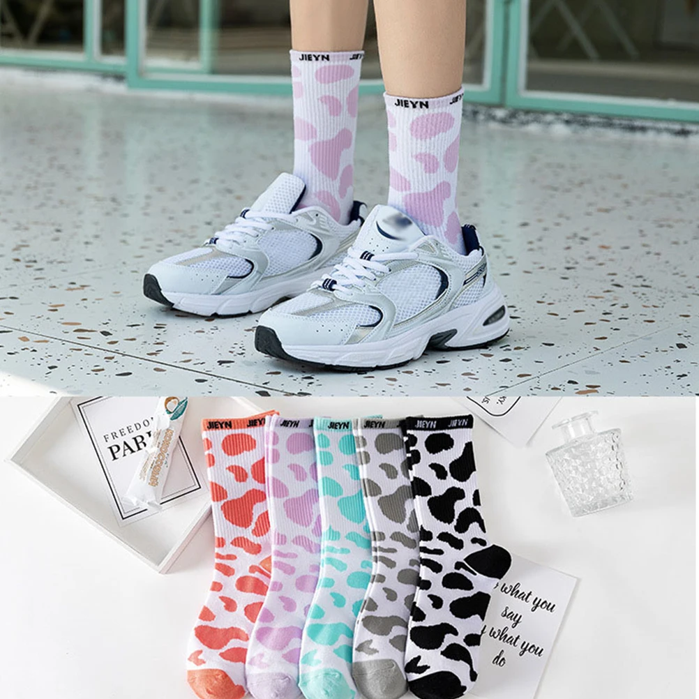 

5 Pairs Cow Print Mid calf Socks Warm Cotton Ladies Daily Fashion Female Blue Christmas Gift Soft Edge Non rolling Elastic Long