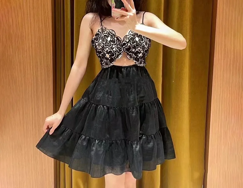 

Women's Short Dress Sexy Suspender Floral Hollow Out Spliced Tie New Summer 2024 Ladies Waistband Sling Mini Robe