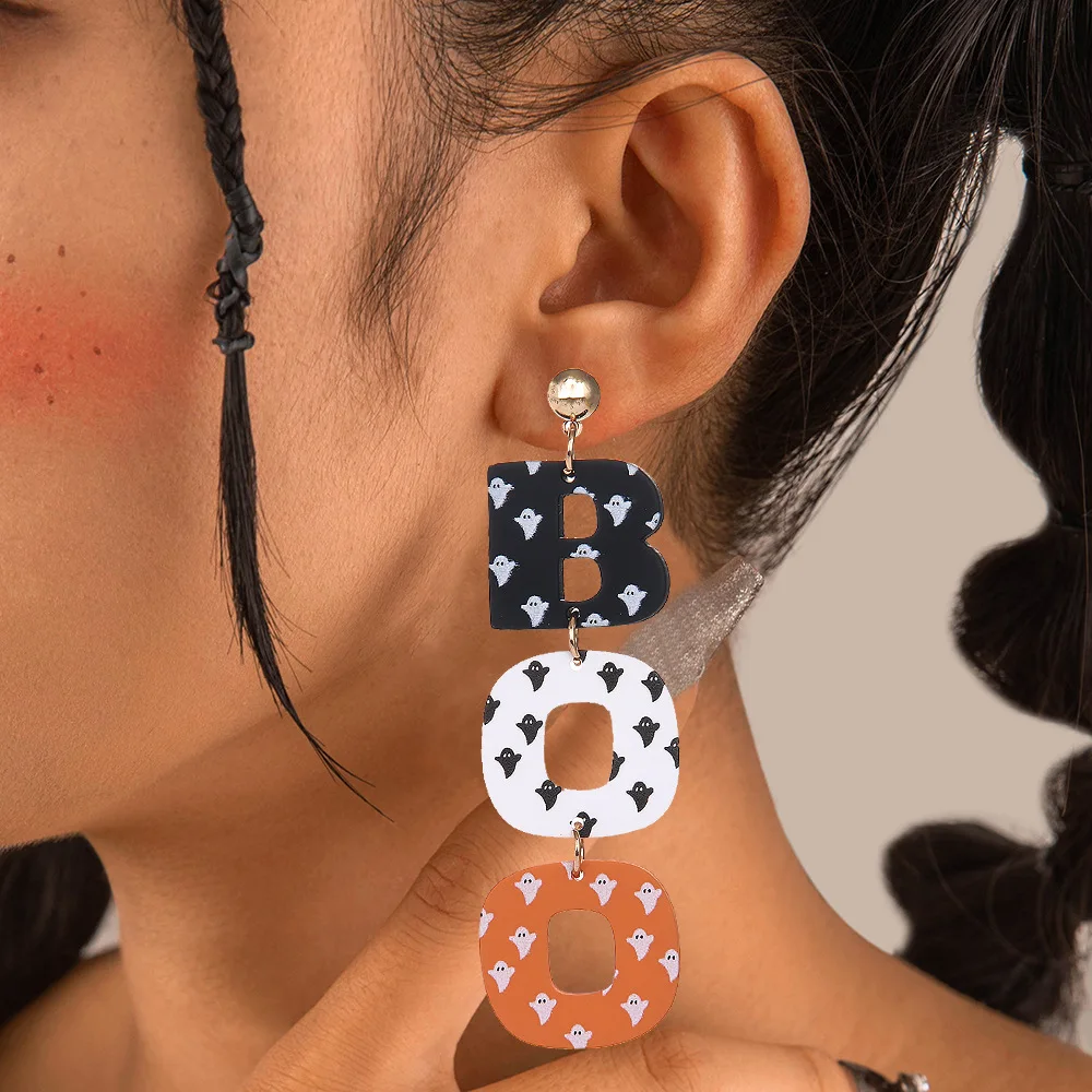 Halloween Earrings BOO Ghost for Women, Retro Simple Acrylic Drop Earrings Handmade Colorful Jewelry Holiday Festive Decorations