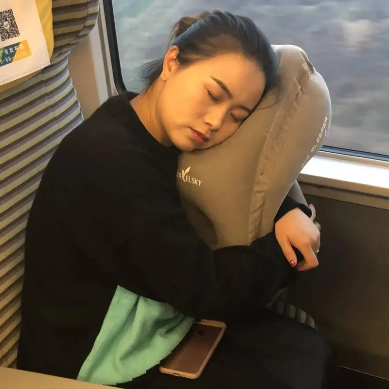 Flocking Travel Inflatable Office Student Nap Sleeping Pillow, Long-Distance Train Airplane Pillow