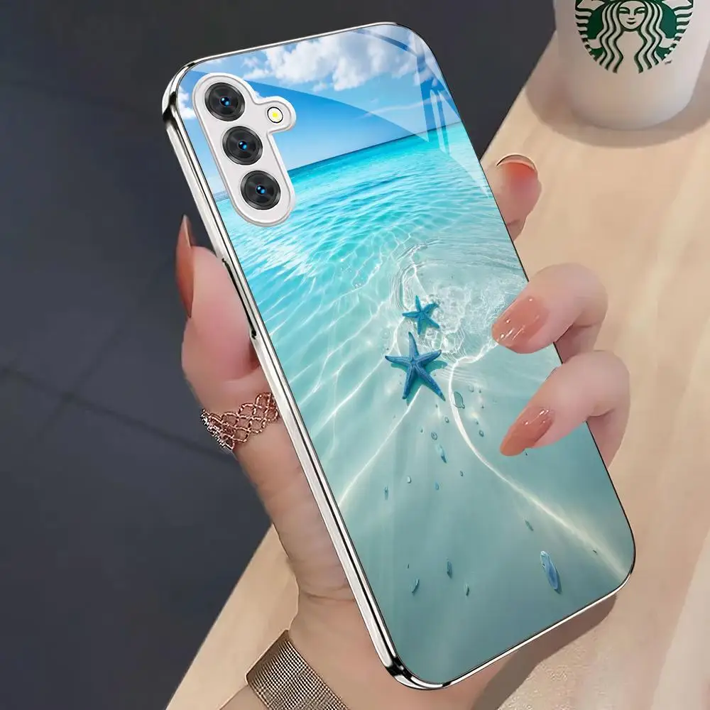 Summer seaside design glass phone case suitable for Samsung Galaxy S26 S25 S24 S23 S22 S20 FE/Ultra/Plus anti fall back cover