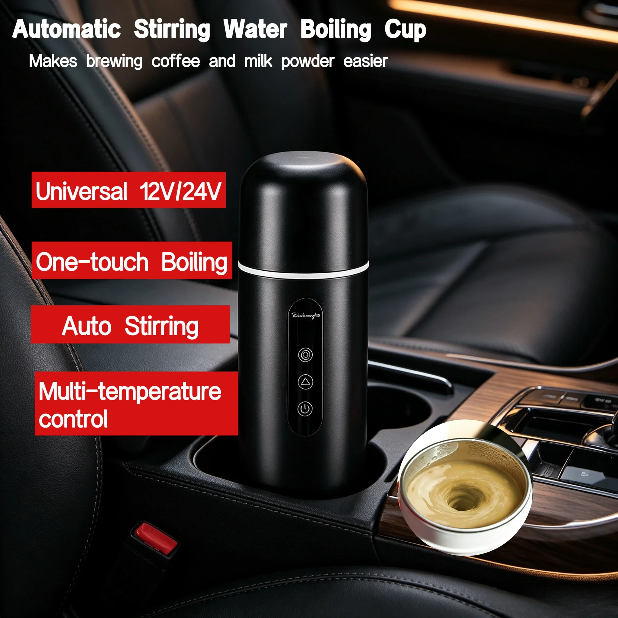Auto Stirring Car Heating Cup 12V 24V Multi Temperature Control One Touch Boil Coffee Milk Mixing Portable Travel Thermal Mug