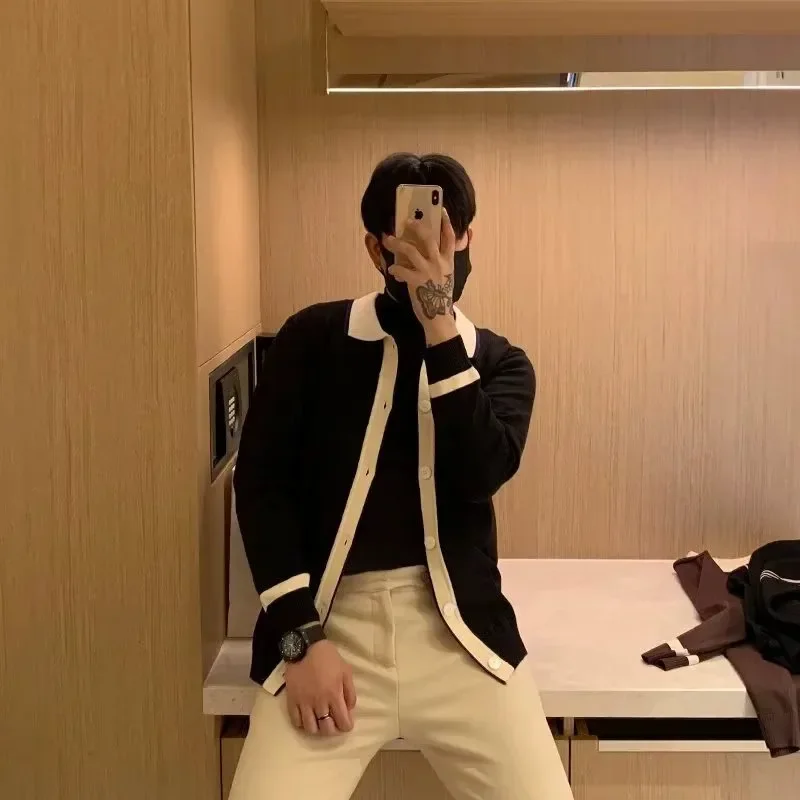 Autumn and Winter Lapel Knitted Cardigan Men's Korean Style Simple Versatile Sweater Jacket Button Contrast Top