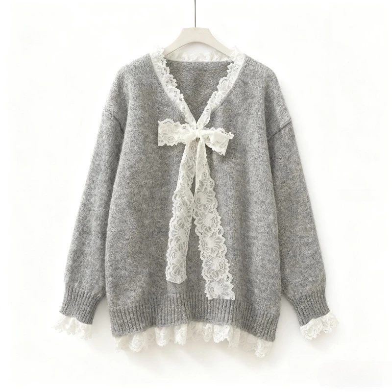 

Новое рождественское поступление, пуловер Y2k, женский повседневный кавайный свитер с длинным рукавом и v-образным вырезом, кружевной однотонный трикотаж, тонкий осень 2023 г.