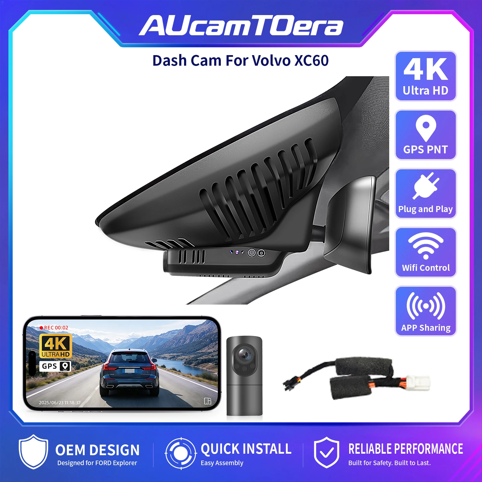 AUcamTOera WiFi & APP GPS Car DVR 4K Dash Cam For Volvo XC60 (2013-2026) & Volvo XC90 (2016-2026) Dash Car Camera Plug and Play