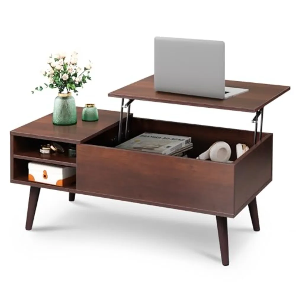 Lift Top Coffee Table with Hidden Storage, Adjustable Shelf, Espresso | Mid Century Modern Wooden Coffee Table, for