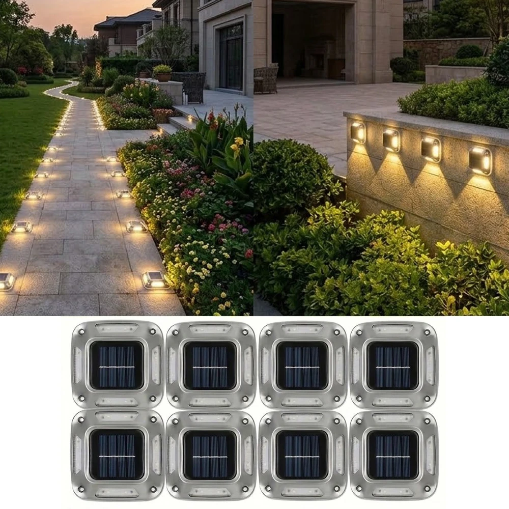8Pcs Solar Deck Lights Outdoor Waterproof Stainless Steel Step Fence Wall Post Marker Lamp for Garden Yard Patio Porch Vila Lawn