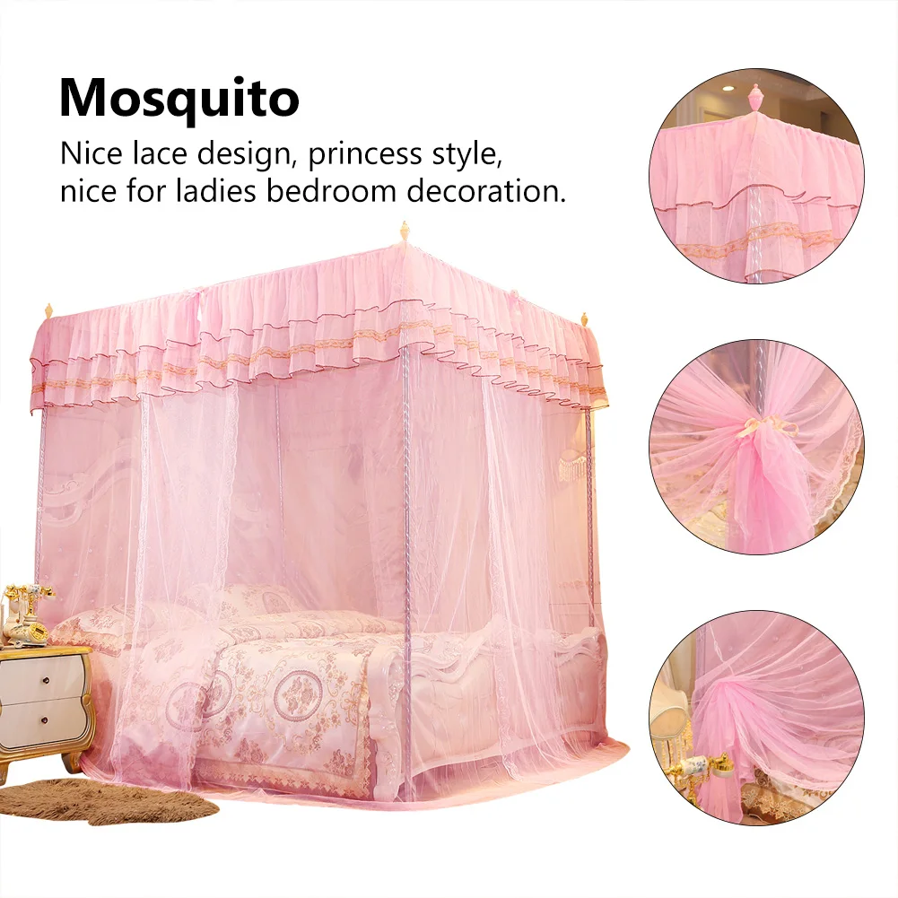 Luxury Pink Princess Three Side Openings Post Bed Curtain Canopy Netting Mosquito Net Home Bedding