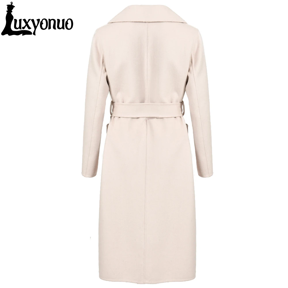 Luxyonuo 2022 Women Cashmere Coat High End Englent Double Faced Wool Long Trench Coat with Blet Pocket Full Sleevs Soild Color