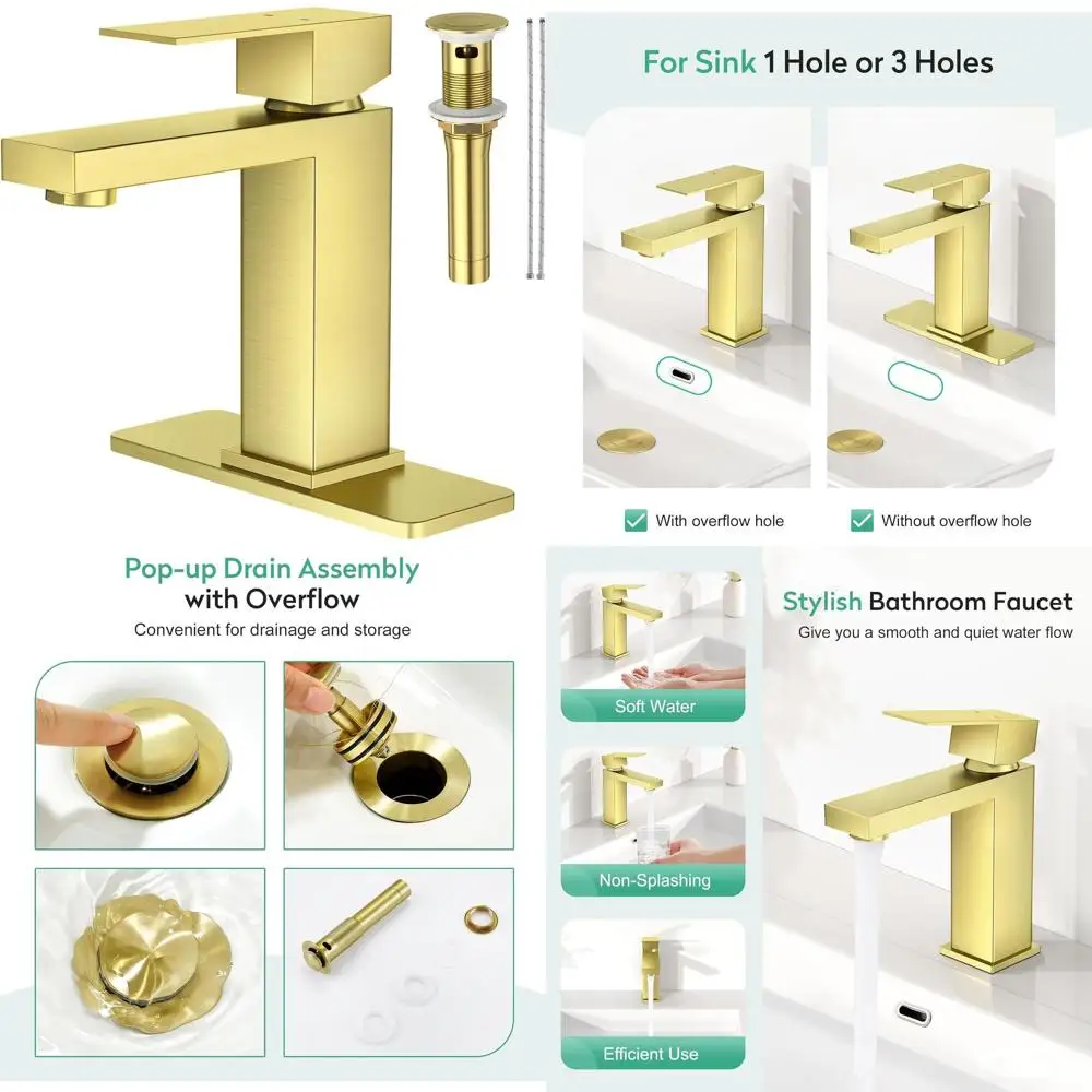 

Single Handle Brushed Gold Bathroom Faucet with Pop-Up Drain, One Hole