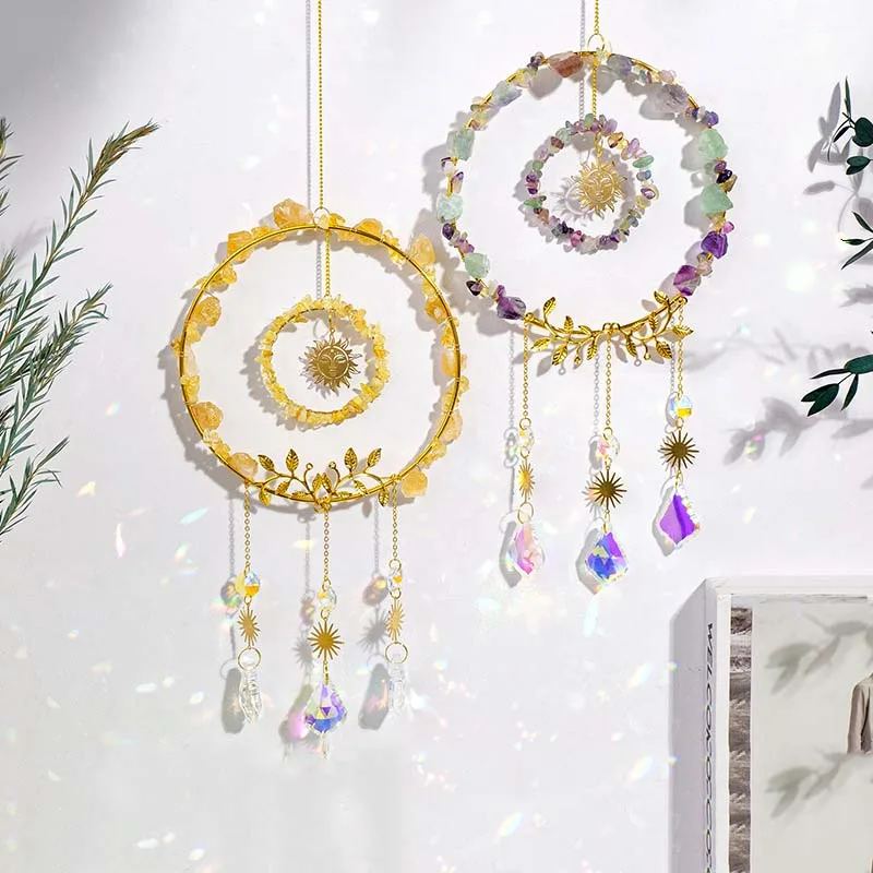 Natural Chips Crystals Sun Catcher Wind Chime Decoration Round Healing Stone Dreamcatcher Window Wall Hanging Ornament Bohemia