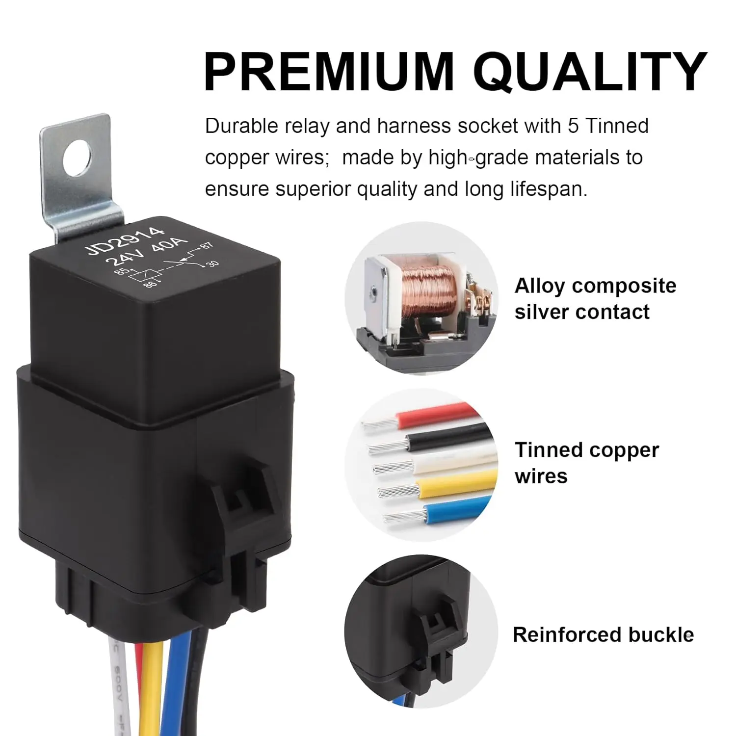 5 قطعة طقم مرحل مقاوم للماء 24 فولت 40A 5 دبوس SPDT الثقيلة 14 AWG الأسلاك النحاسية المعلبة مرحل السيارة ومجموعة تسخير