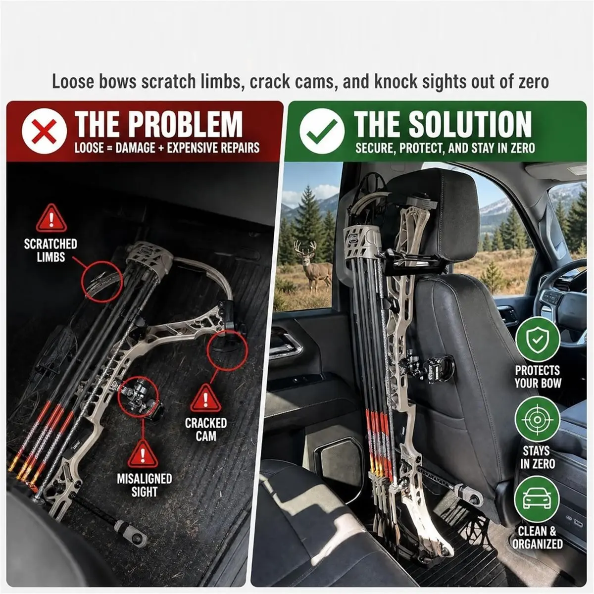 Heavy Bow Hanger for Truck, 2 PCS Headrest Mount Bow Holder Twist-on Design Holds 100+ Lbs Hunting Gear Hook