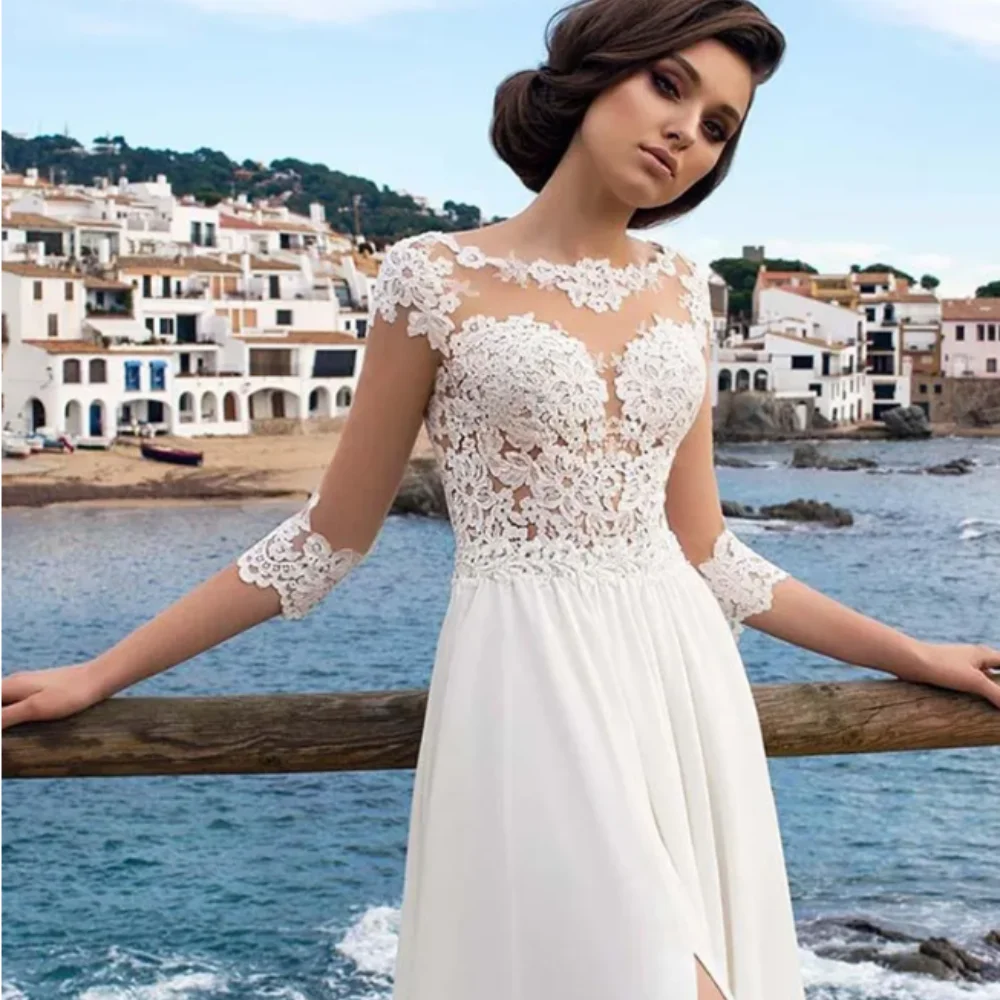 Dress Summer Bridal Gowns Beach Millanova 2024 Sexy Sheer Lace Appliqued A Line Wedding Dresses Half Sleeves High Split Chiffon