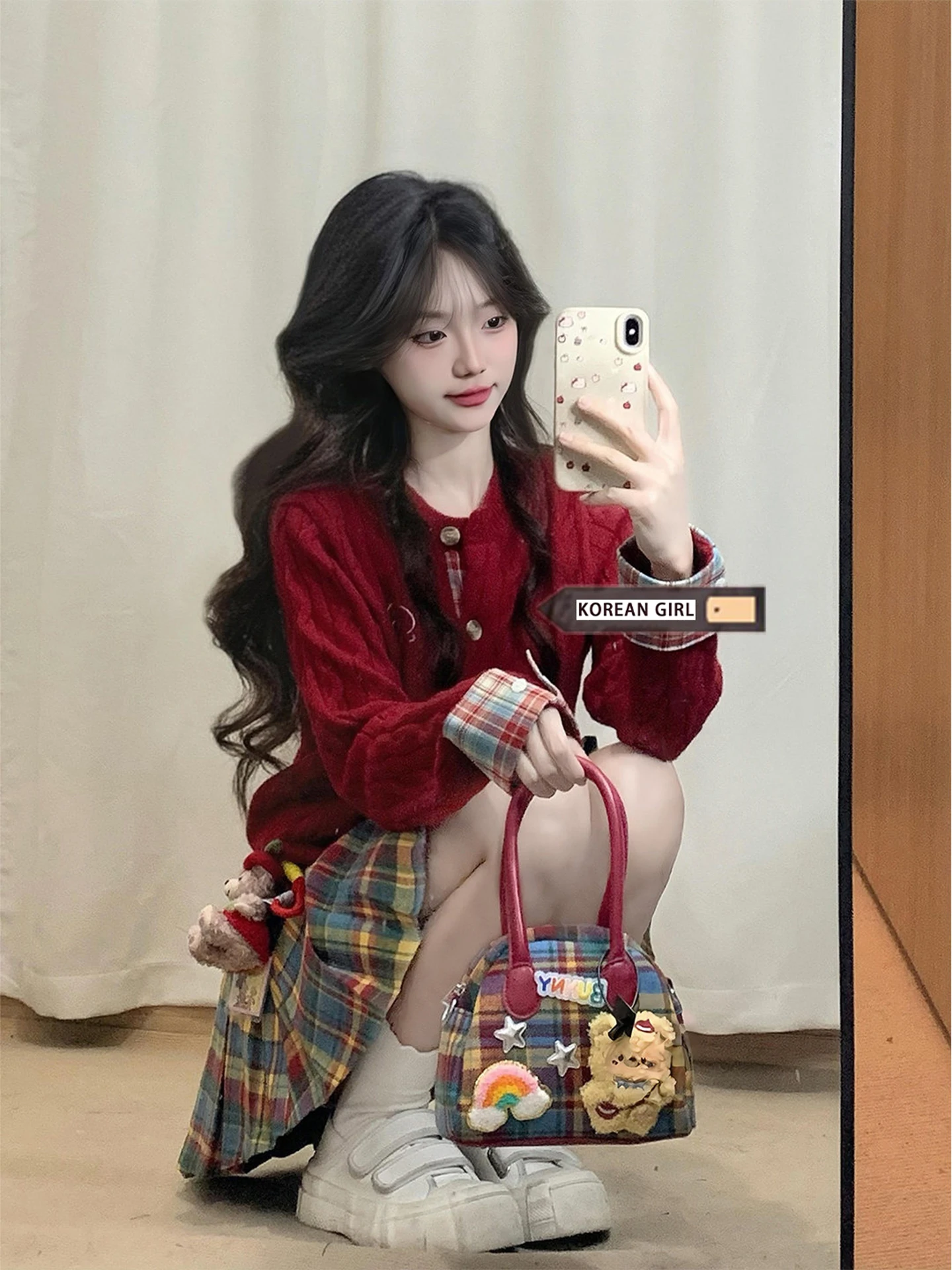 Sweet Red Knitted Dress Set Women's Early Spring College Style High Waist Short Skirt Matching Top Retro Style Button Closure