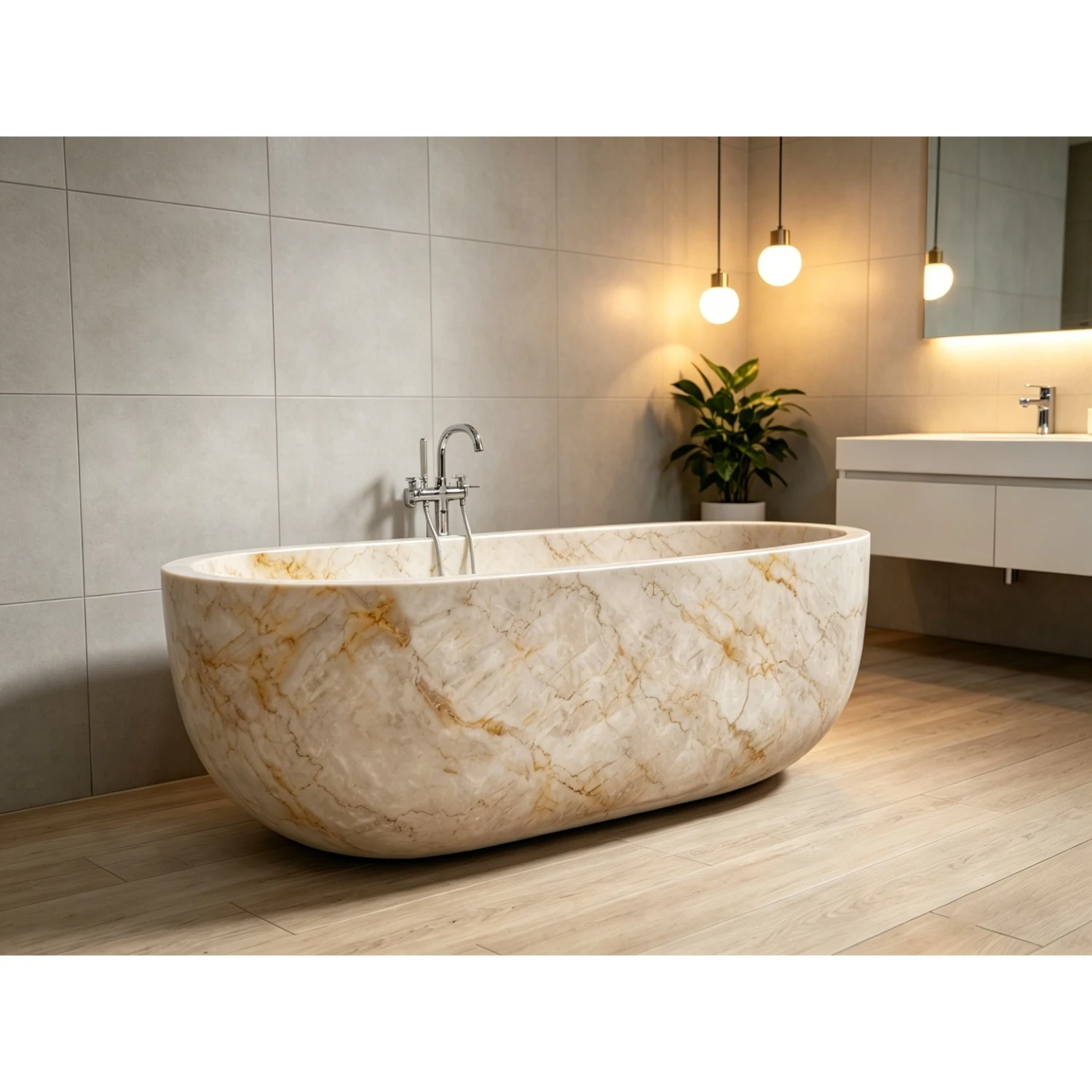 #￥Modern Freestanding Stone Bathtub Fancy New Design Beige Marble Bathtubs for Home Hotel Bathroom