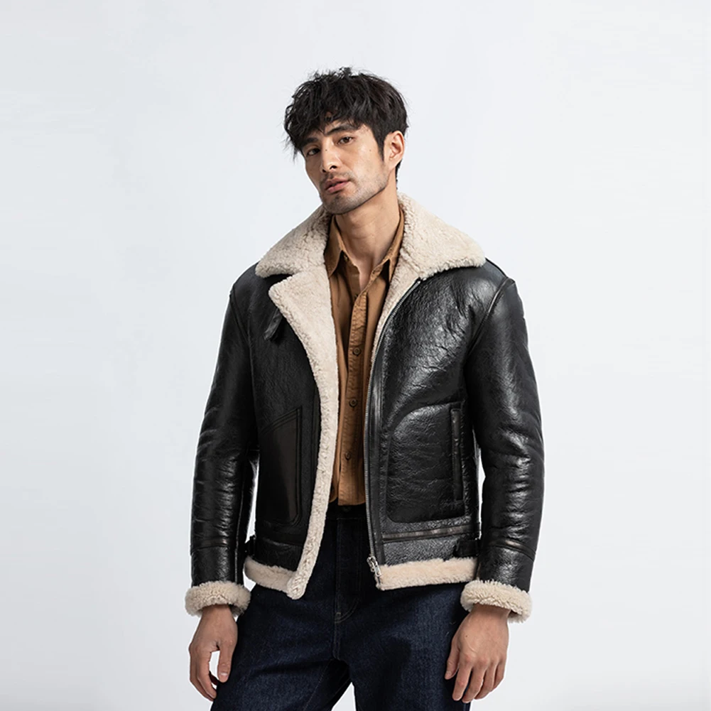 

Denny&Dora Men's Shearling Jacket Flight Jacket Black Winter Warm Sheepskin Coat Spain Imported Sheepskin Jacket