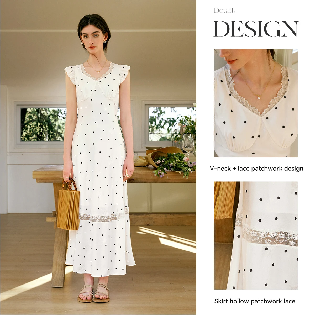 OLrain Polka Dot Kanten Jurk Dames 2025, Zomer Franse Stijl V-hals Koffiepauze Jurk Romantische Jurken Dameskleding O57XL96385 ‌