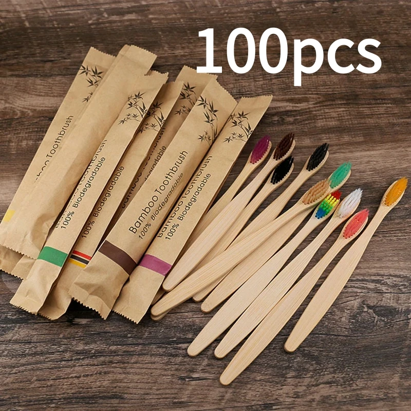 Biodegradable Bamboo Toothbrushes, 100 Piece BPA Free Soft Bristles Toothbrushes, Natural, Eco-Friendly, Green and Compostable