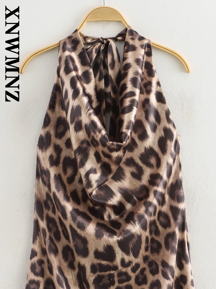 XNWMNZ 2024 Nuova Moda Donna Lunghezza Lunga Gonna Midi Abito Chic Lady Senza Maniche Colletto Allacciato Abiti Regular Fit Pizzo LEOPARD