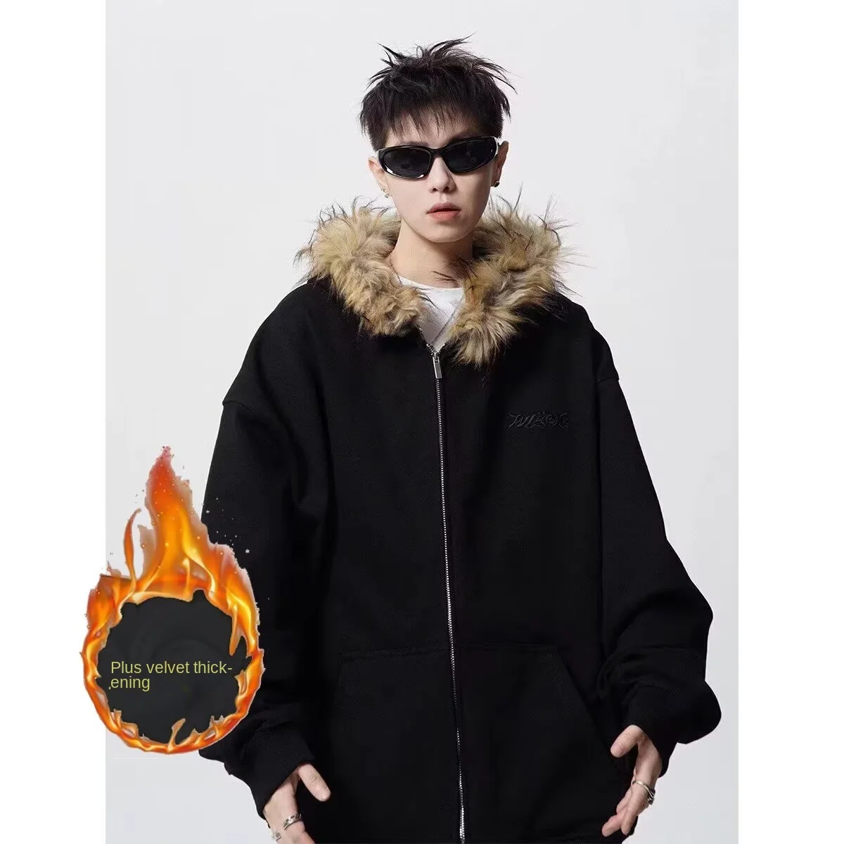 

2025 autumn and winter American retro fur collar embroidered with velvet hooded cardigan sweatshirt, men's and women's trendy br