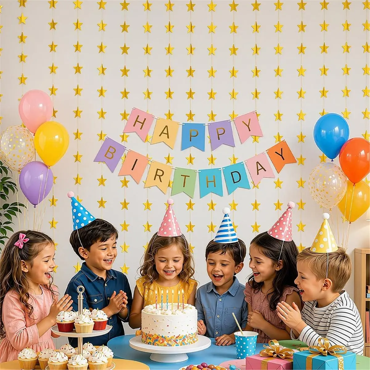 10 Pack Garland, Hanging Paper Star Garland for Birthday Party Decorations, Gold Stars Streamer