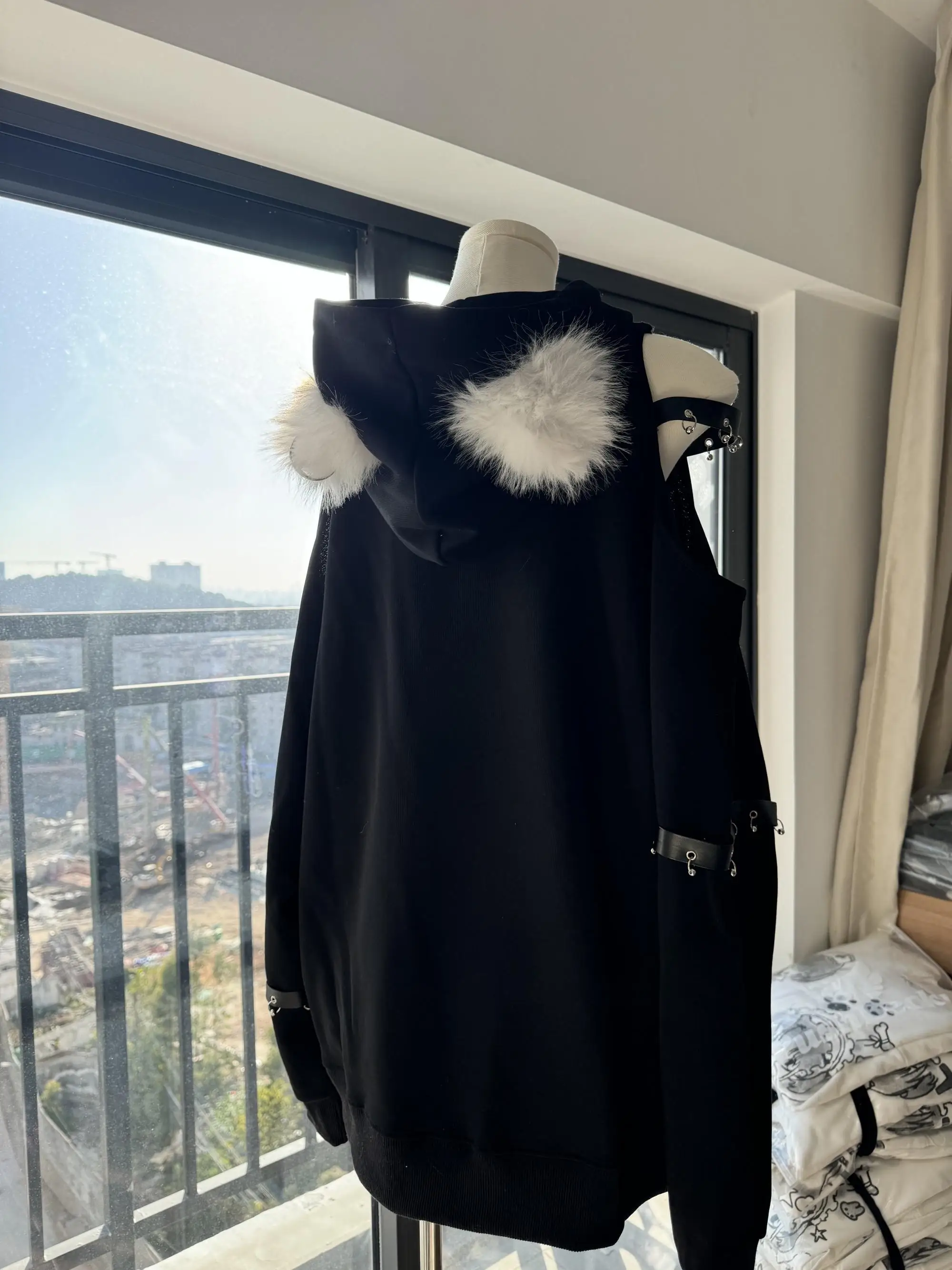 Original Japanese Subculture Black Off-the-shoulder Hooded Hoodies Autumn New 2025 Girl's Anime Print Kawaii Tops Y2k Pullover