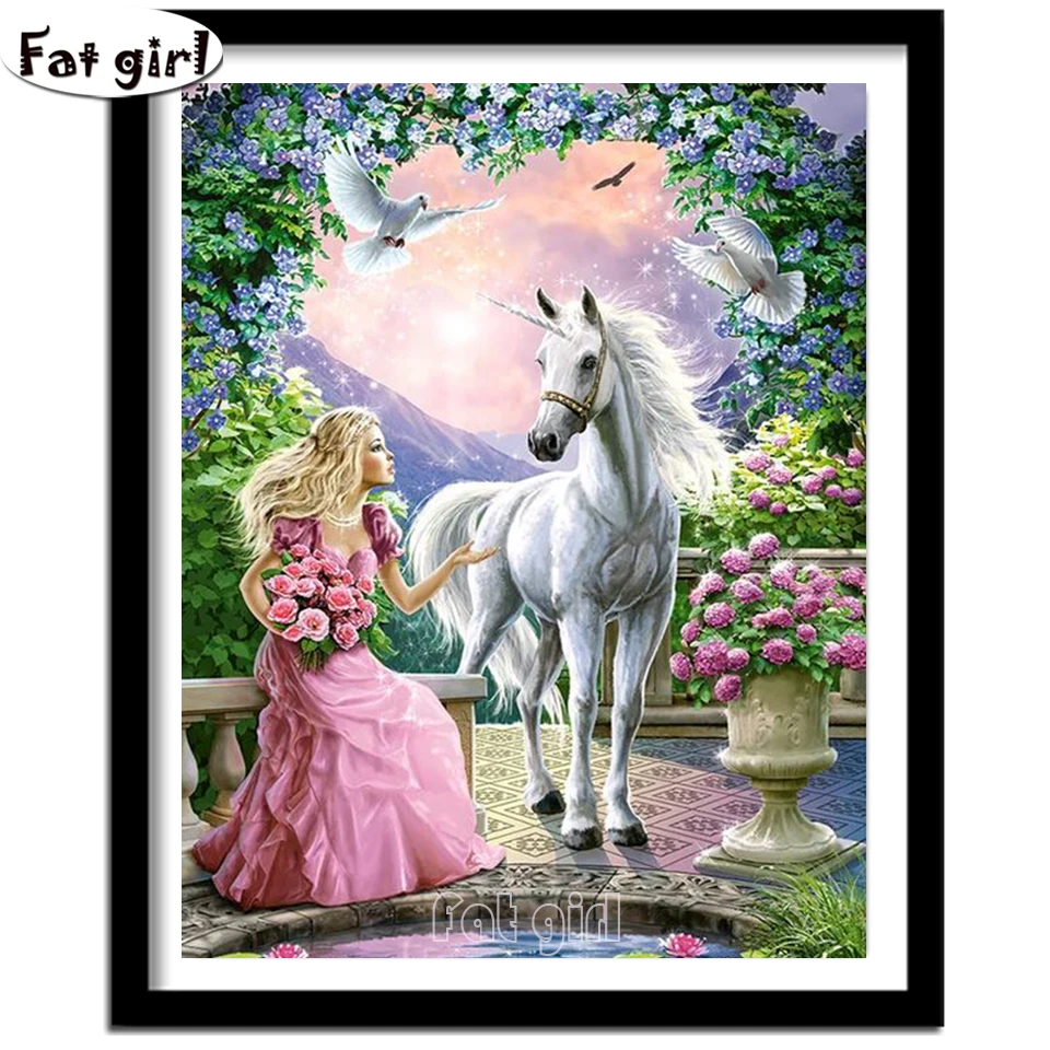 Full Square Round Drill Diamond Embroidery Cartoon Princess And Unicorn Cross Stitch Diamond Painting Flower Picture Home Decor