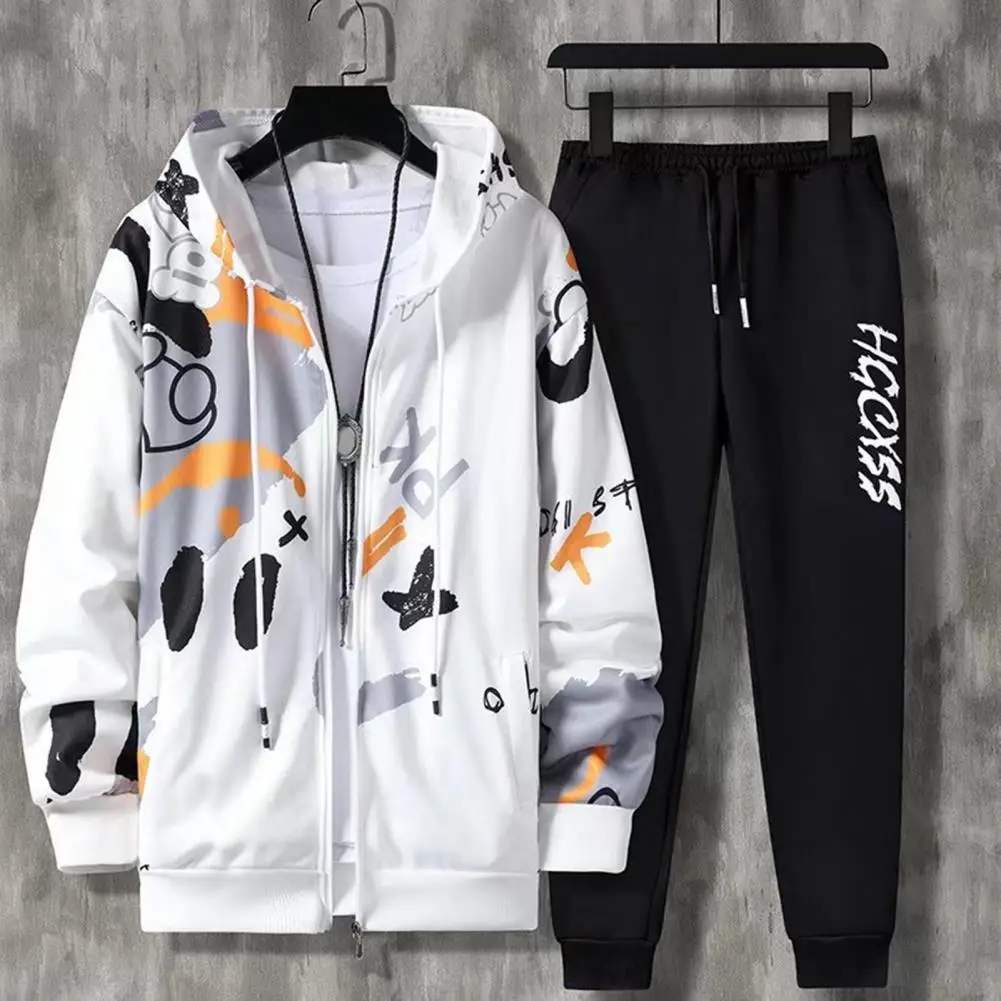 Men Hooded Sportswear Men's Hip Hop Tracksuit Set with Hooded Coat Drawstring Pants Letter Print Zipper Closure for Urban