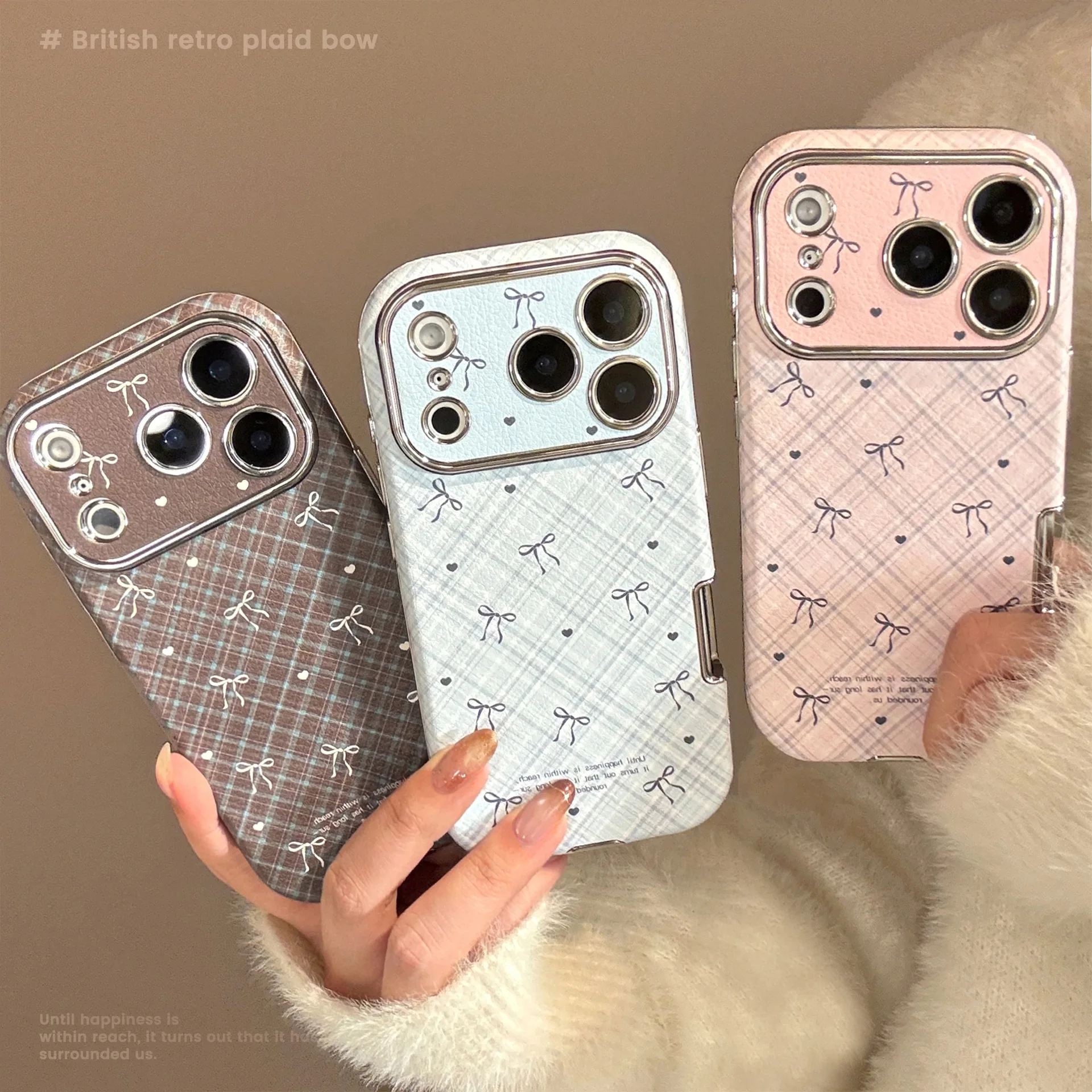 Korean Retro Plaid Grid Pattern Bowknot Leather Texture Phone Case For iPhone 17 16 15 14 13 12 11 Pro Max Shockproof Soft Cover