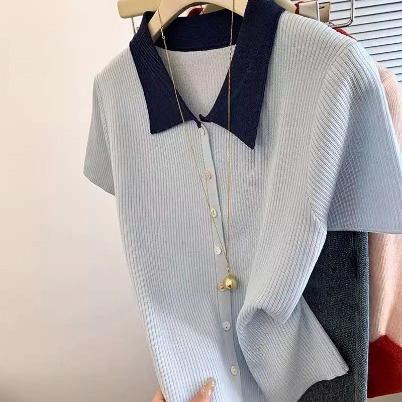 

Lady Polo Collar Patchwork Ice Silk Thin Knitted T-shirt Women Straight Slim Short Sleeve Cardigan Sweater Summer Basic Top