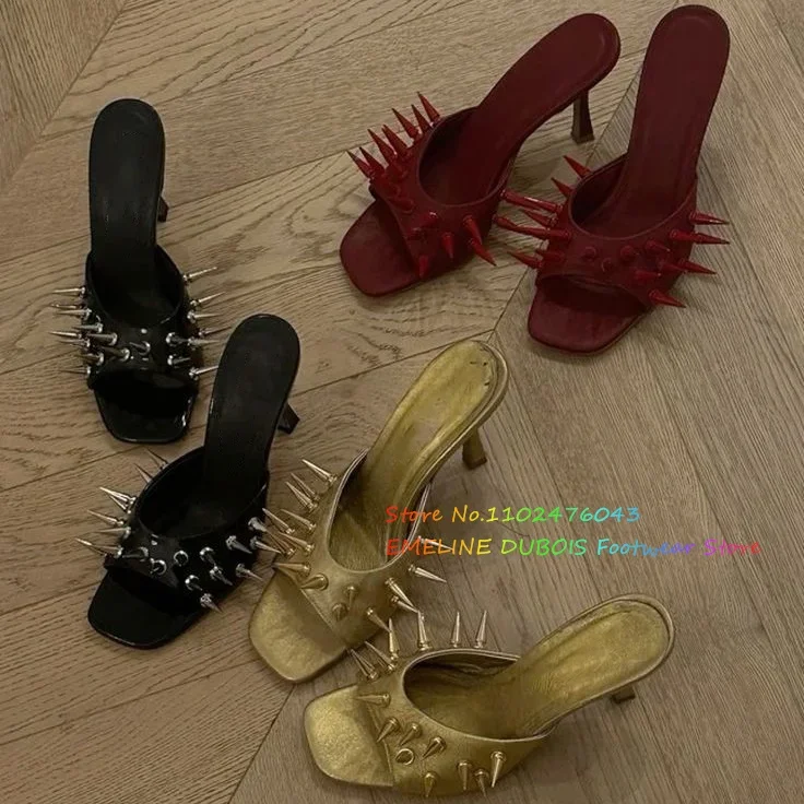 Extra Long Silver Spikes Mules Sqaure Toe Black Patent Leather Rivets High Heel Slippers Ladies Designer Brand Dress Shoes