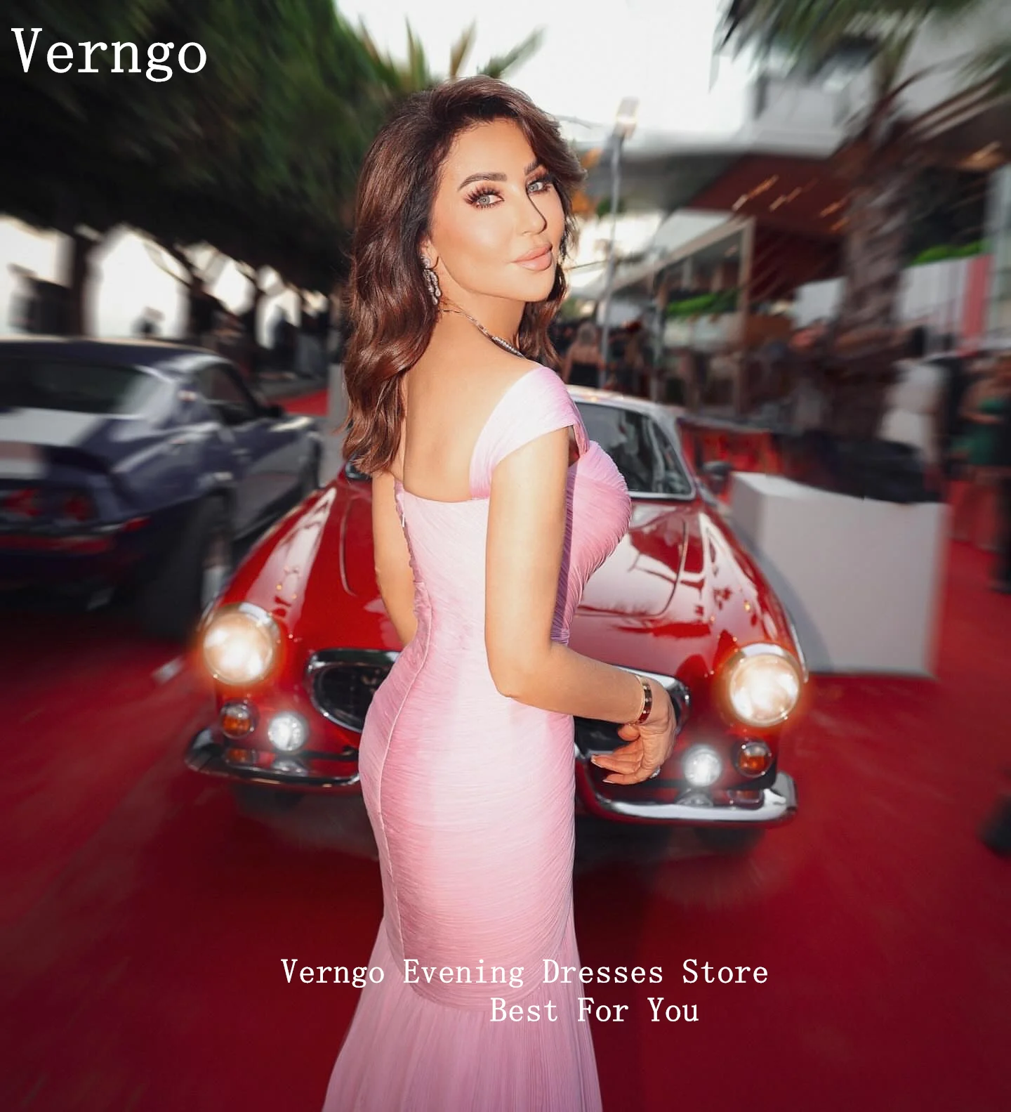 Verngo roze glanzende chiffon avondjurk strapless zeemeermin split formele gelegenheid jurken sexy prom feestjurken op maat