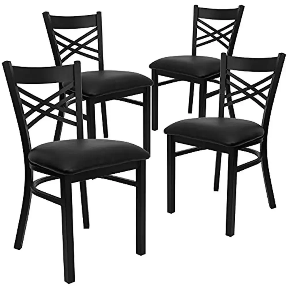 4 Pack Black Metal Dining Chair Set with Vinyl Upholstered Seat Commercial Grade Cross Back Kitchen Chair 500lb Capacity