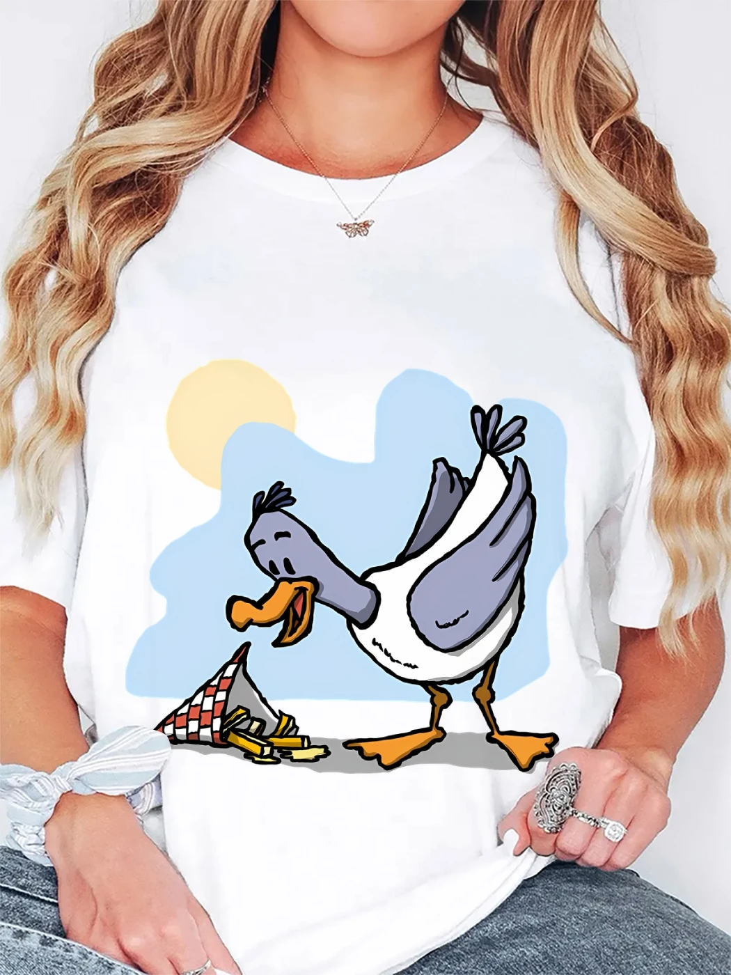 تي شيرت كلاسيكي بأكمام قصيرة من القطن برقبة دائرية مع رقائق أكل النورس جرافيك تي شيرت ملابس الشارع ملابس نسائية هاراجوكو ملابس علوية غير رسمية #1