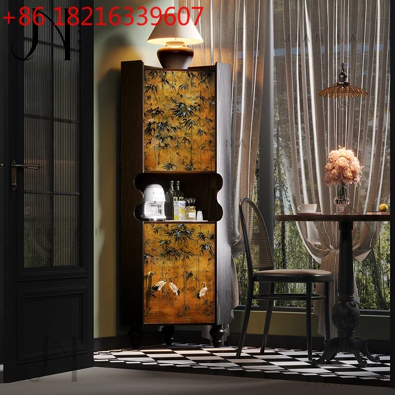 TAOFrench Chinese style solid wood triangular cabinet bamboo forest crane picture storage storage integrated living room 90 degr