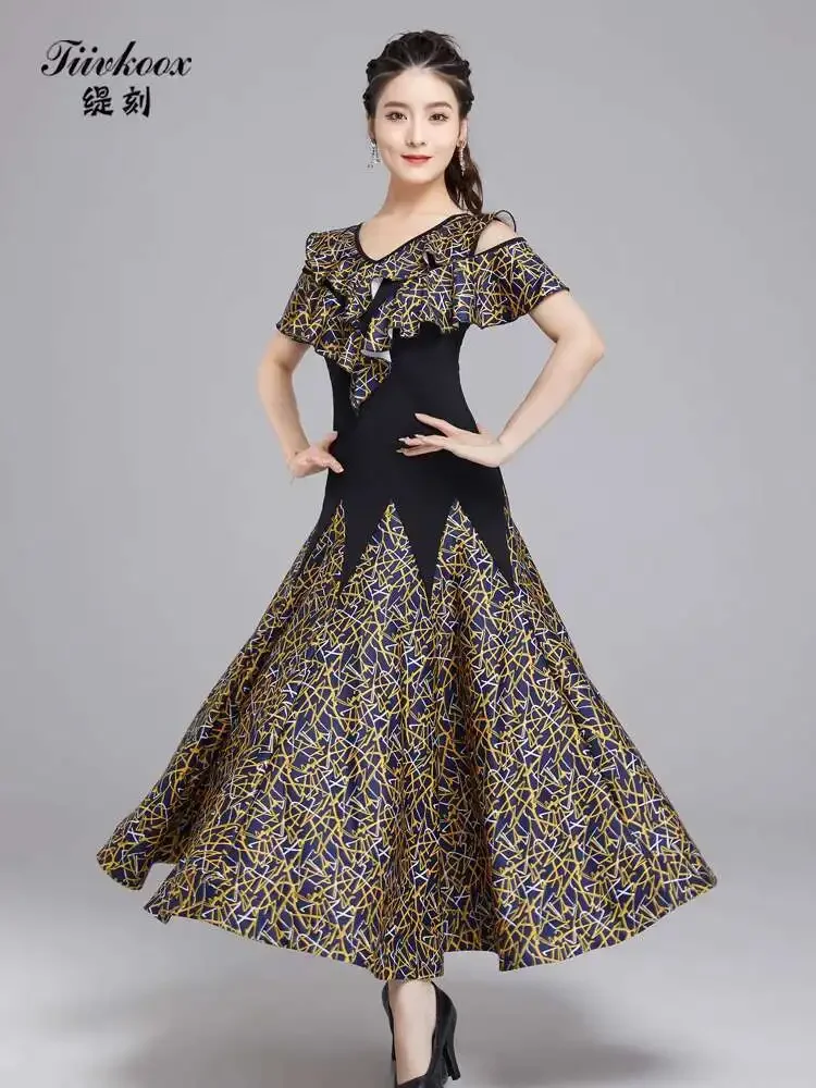 Moderne dansrok Dames Nieuwe Latin Dance Standaard Dans Wals Sociale Korte Mouw Grote Swing Rok Oefenjurk