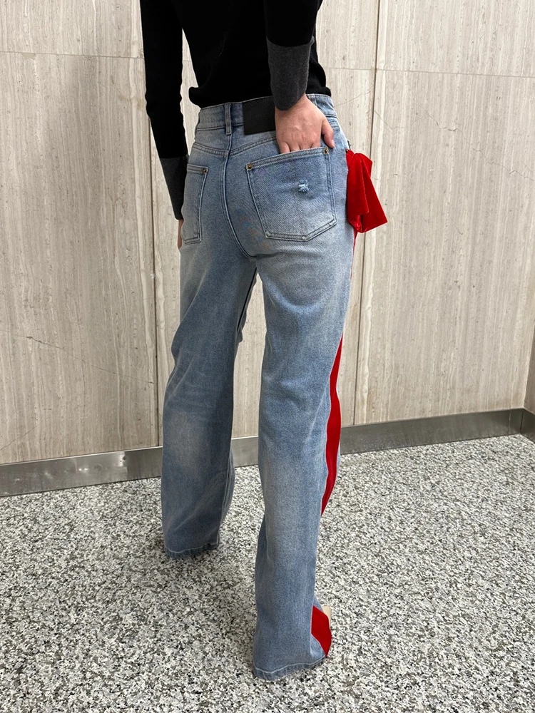 American retro washed old jeans 2025 spring side ruffles velvet ribbon splicing straight pants female