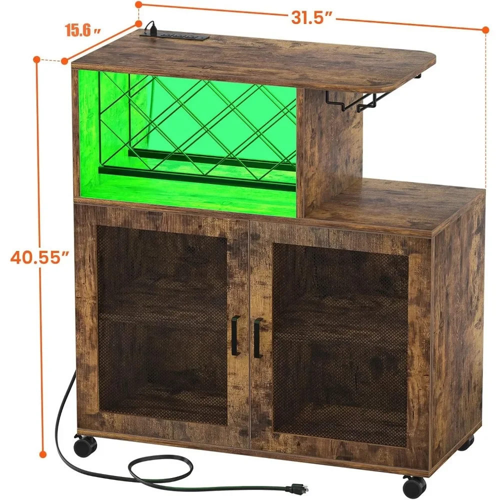 Wine Bar Cabinet com Rodas, Pequeno armário de bebidas com luz LED, Home Bar Cart com Power Outlets, Coffee Bar com Wine Rack