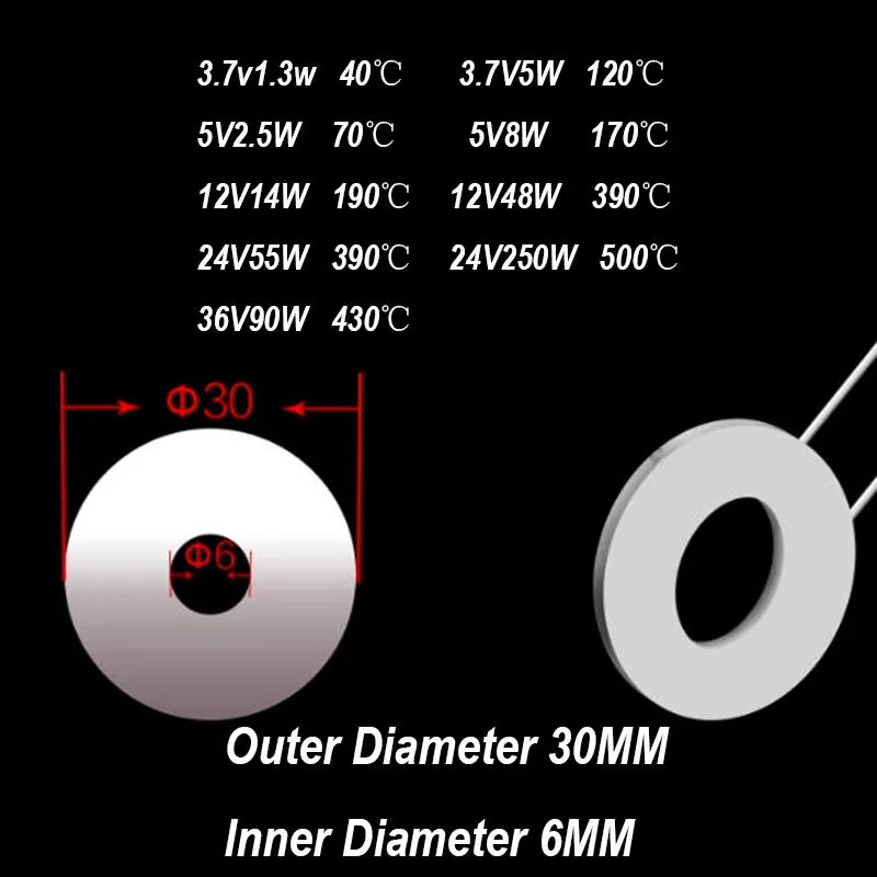 ฮีตเตอร์เซรามิกแบบวงแหวน ODφ 30-IDφ 6 มม. ทนความร้อนสูง MCH ฮีตเตอร์อะลูมินา ฮีตเตอร์ไฟฟ้าแบบเร็ว แผ่นฮีตเตอร์แบน 3.7V 5V 12V 24V
