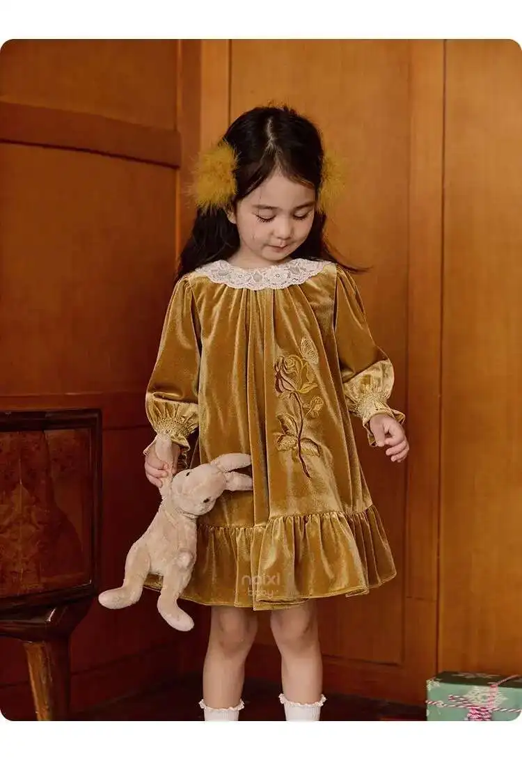 

New Baby Girls Long Sleeve Yellow Velour Dress, Princess Kids Elegant Fashion Party Dress 2-7T