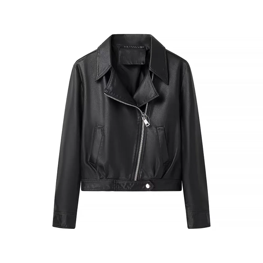 

Retro Pleated Leather Jacket Women Lapel Collar Outerwear Vintage PU Coats Korean Chic Zipper Overcoat Holiday