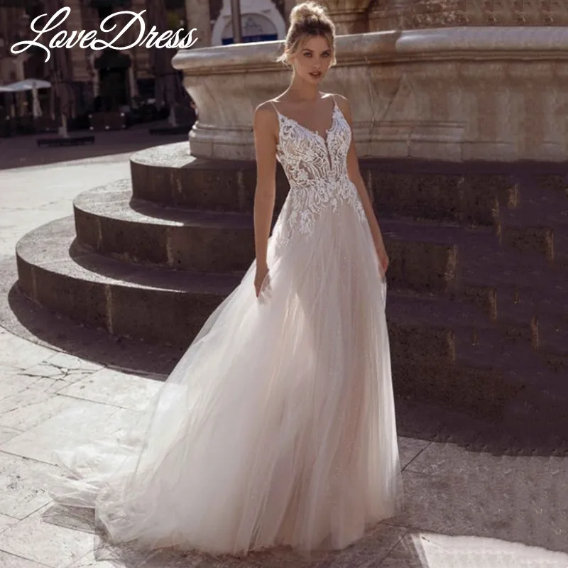 LoveDress-A خط الدانتيل زين فساتين الزفاف ، الأشرطة السباغيتي ، مثير الخامس الرقبة فساتين العروس ، عارية الذراعين ، سستة ، القطار