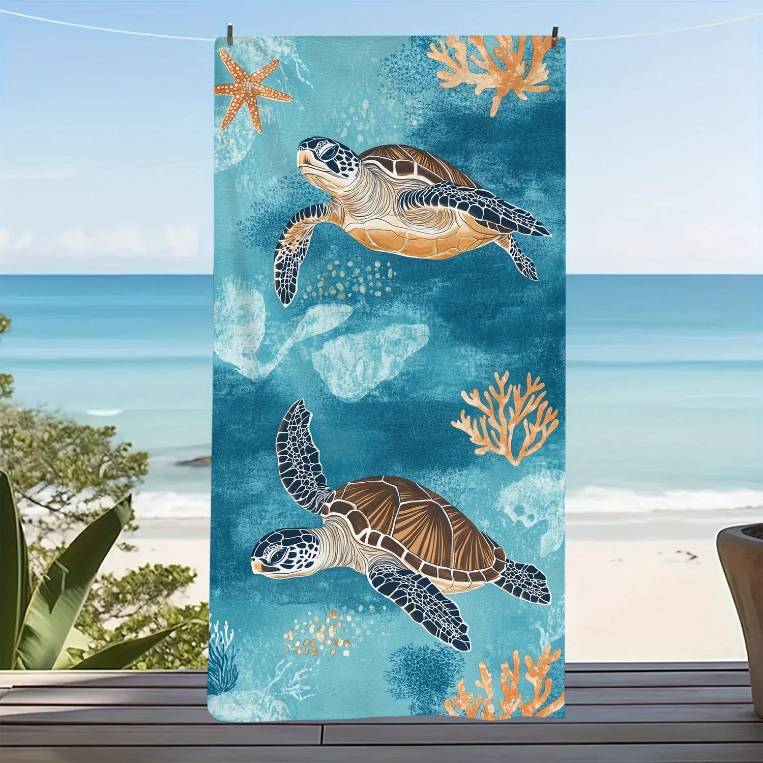 Sea Turtle Beach Towel, Starfish Coral Print, Quick Dry Microfiber, Oversized for Beach Pool, Gift for Ocean Lovers