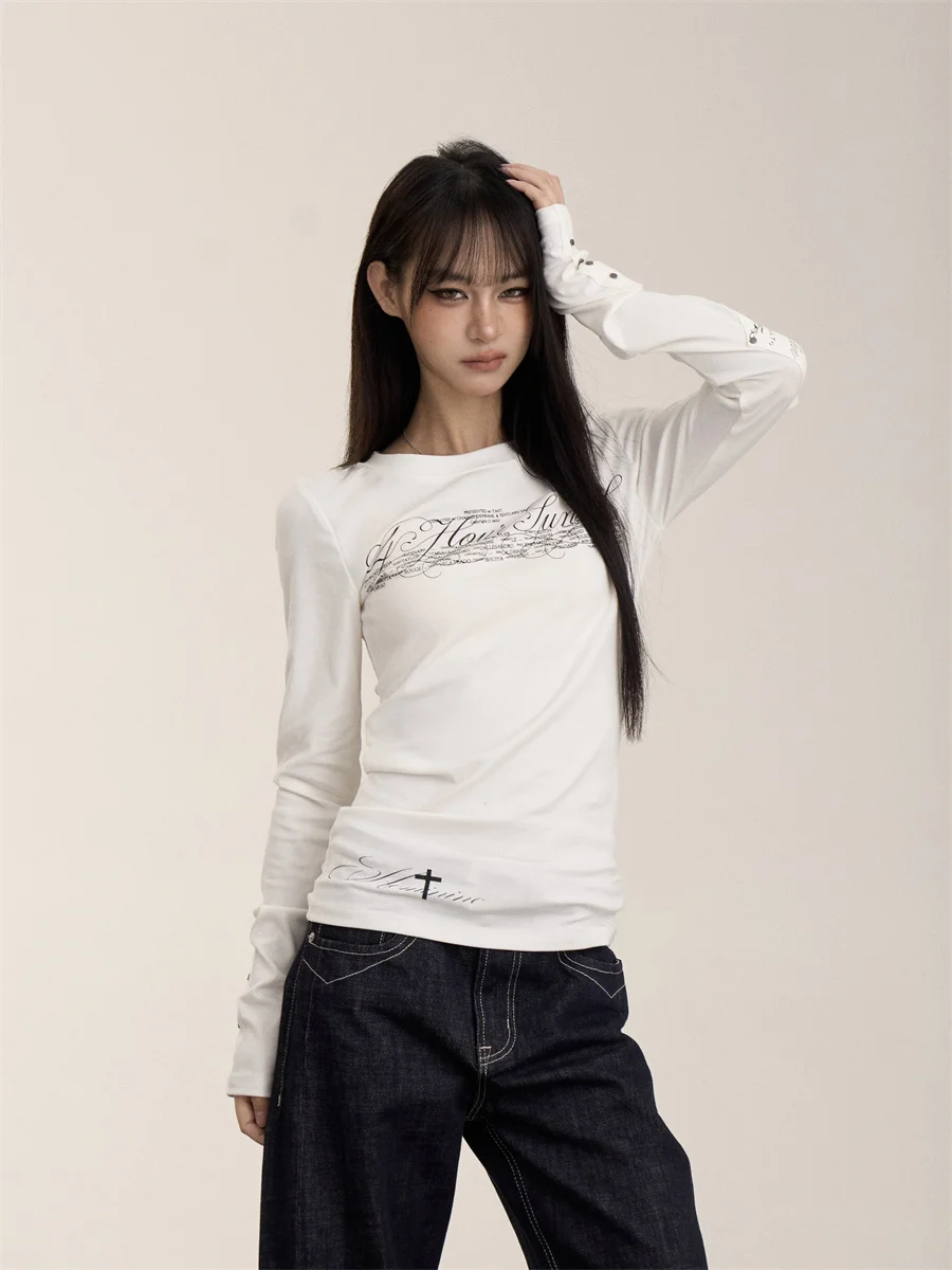 

Onlpp American Retro Letter Print Long Sve T-irt Women's White round Ne Slimming Simple Inner Wear Top Casual Sle